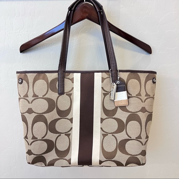 Coach Handbags - Coach canvas signature tote shoulder bag, tan/brown/cream, 17”x10”x5”